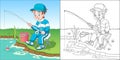 Coloring page with boy fishing